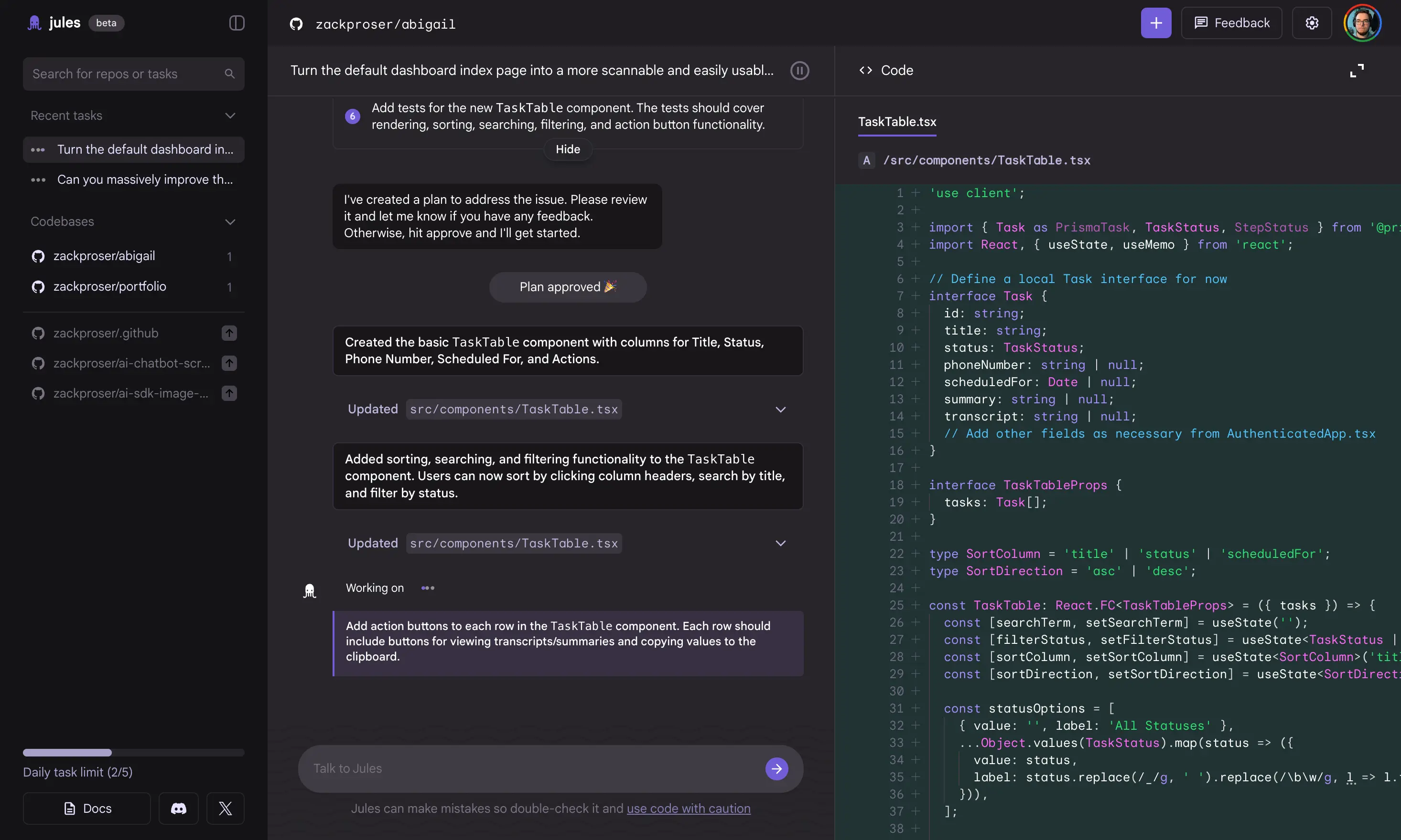 Once you approve the plan, Jules starts coding