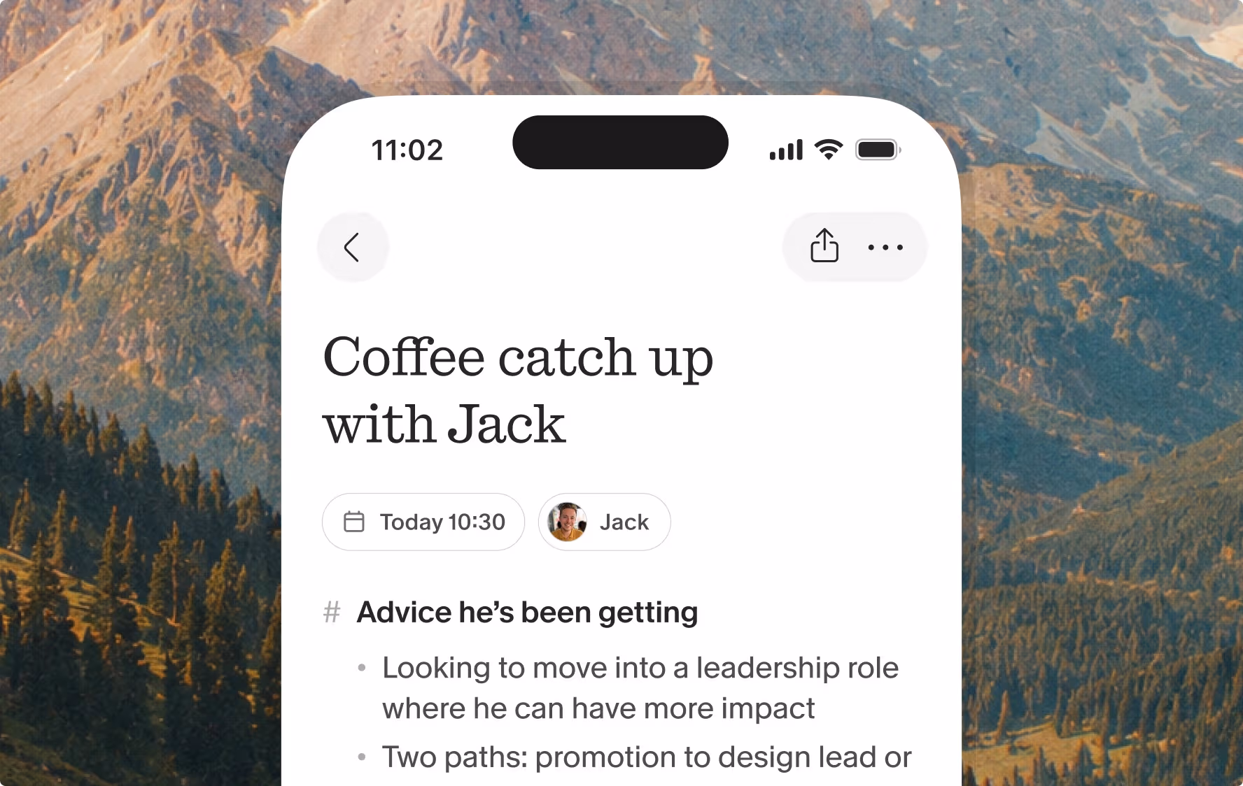 Granola iPhone app showing notes from an in-person coffee catch-up