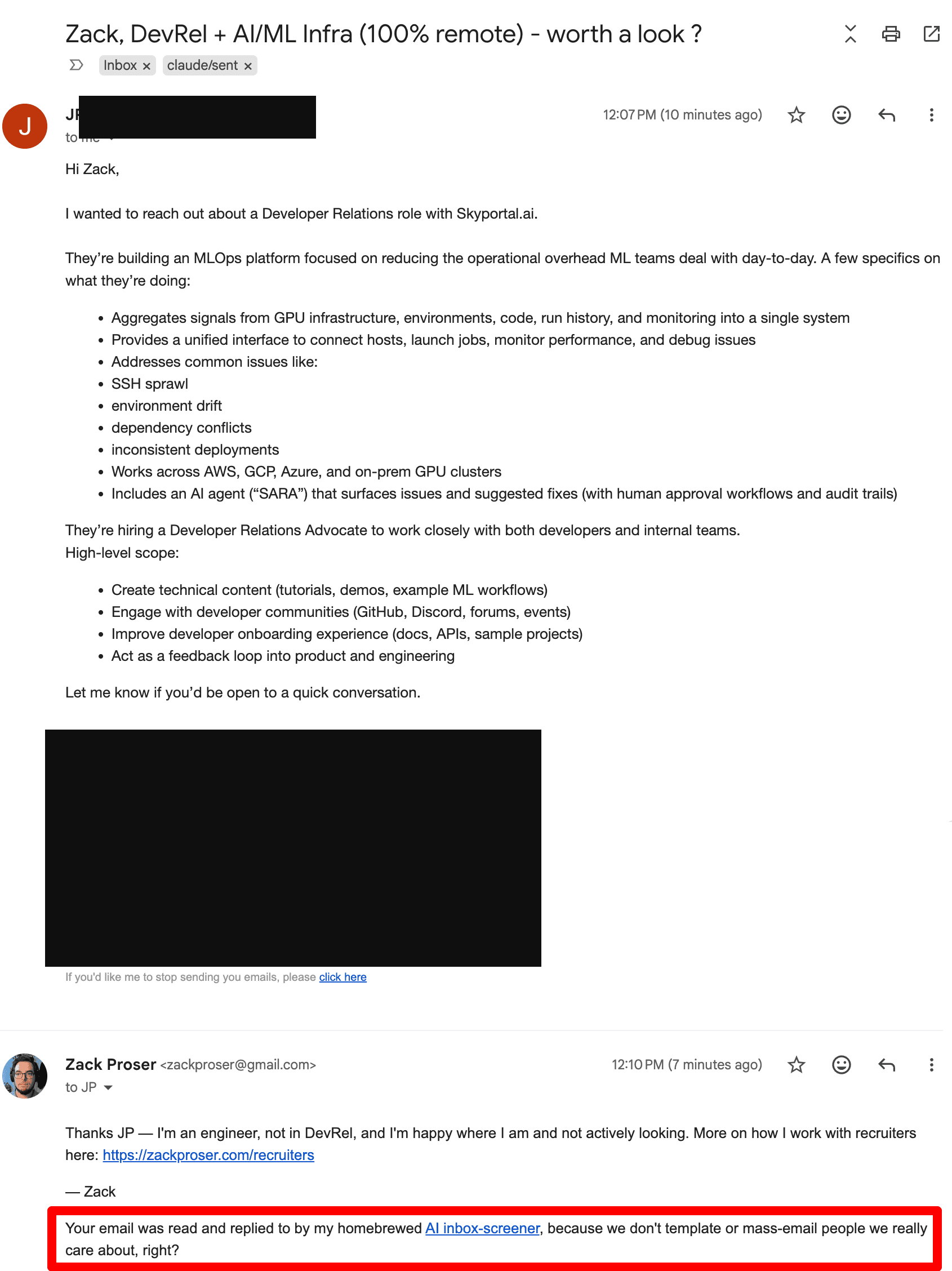 Gmail thread: a recruiter sends a templated DevRel role pitch with bullet points about GPU infrastructure and SSH sprawl; auto-reply three minutes later: 'Thanks JP — I'm an engineer, not in DevRel, and I'm happy where I am and not actively looking. More on how I work with recruiters here: zackproser.com/recruiters — Zack' followed by the auto-screen footer