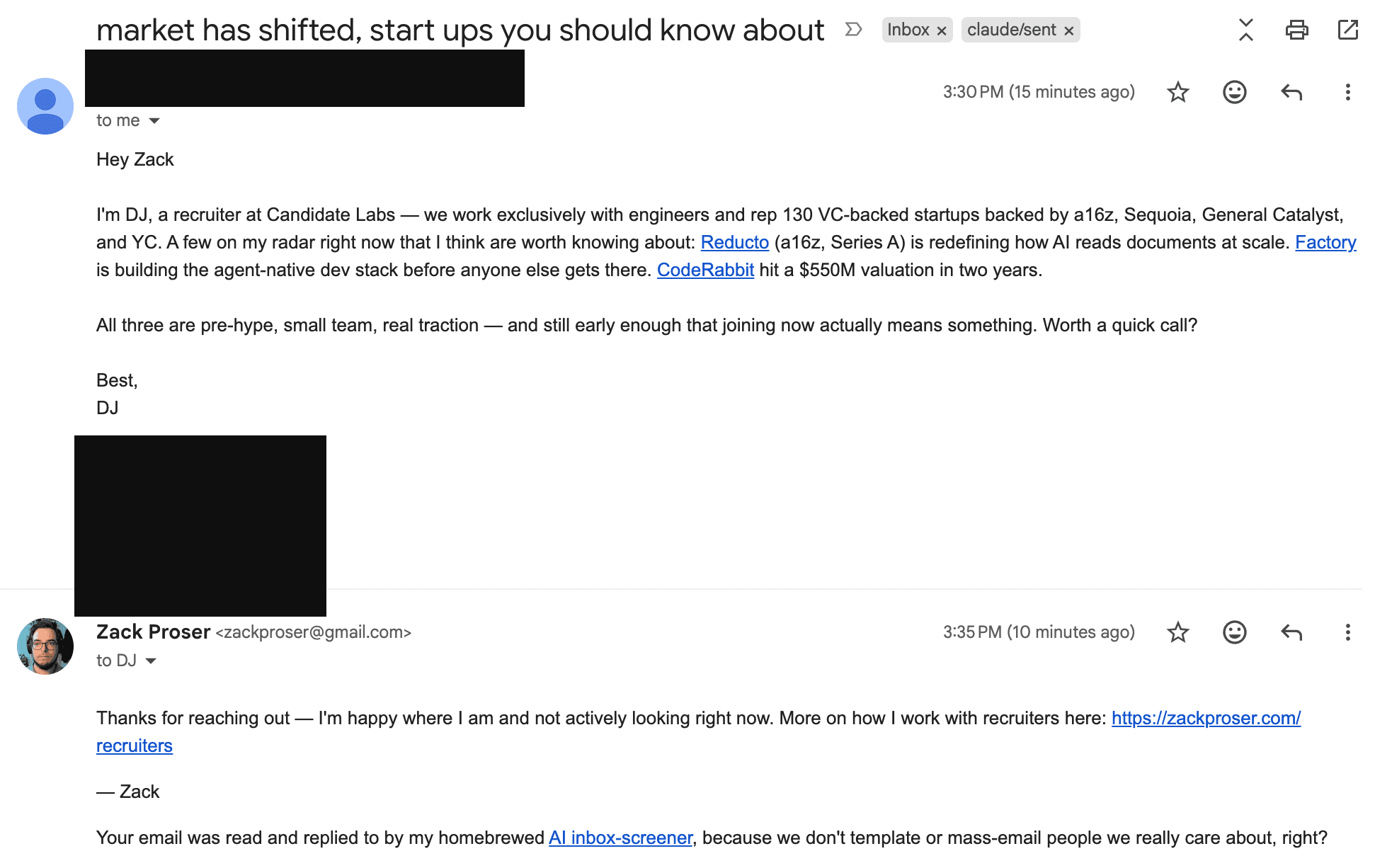 Gmail thread: a recruiter pitches three a16z and Sequoia and YC-backed startups stacked into a single paragraph and asks for a quick call; auto-reply five minutes later: 'Thanks for reaching out — I'm happy where I am and not actively looking right now. More on how I work with recruiters here: zackproser.com/recruiters — Zack' followed by the auto-screen footer