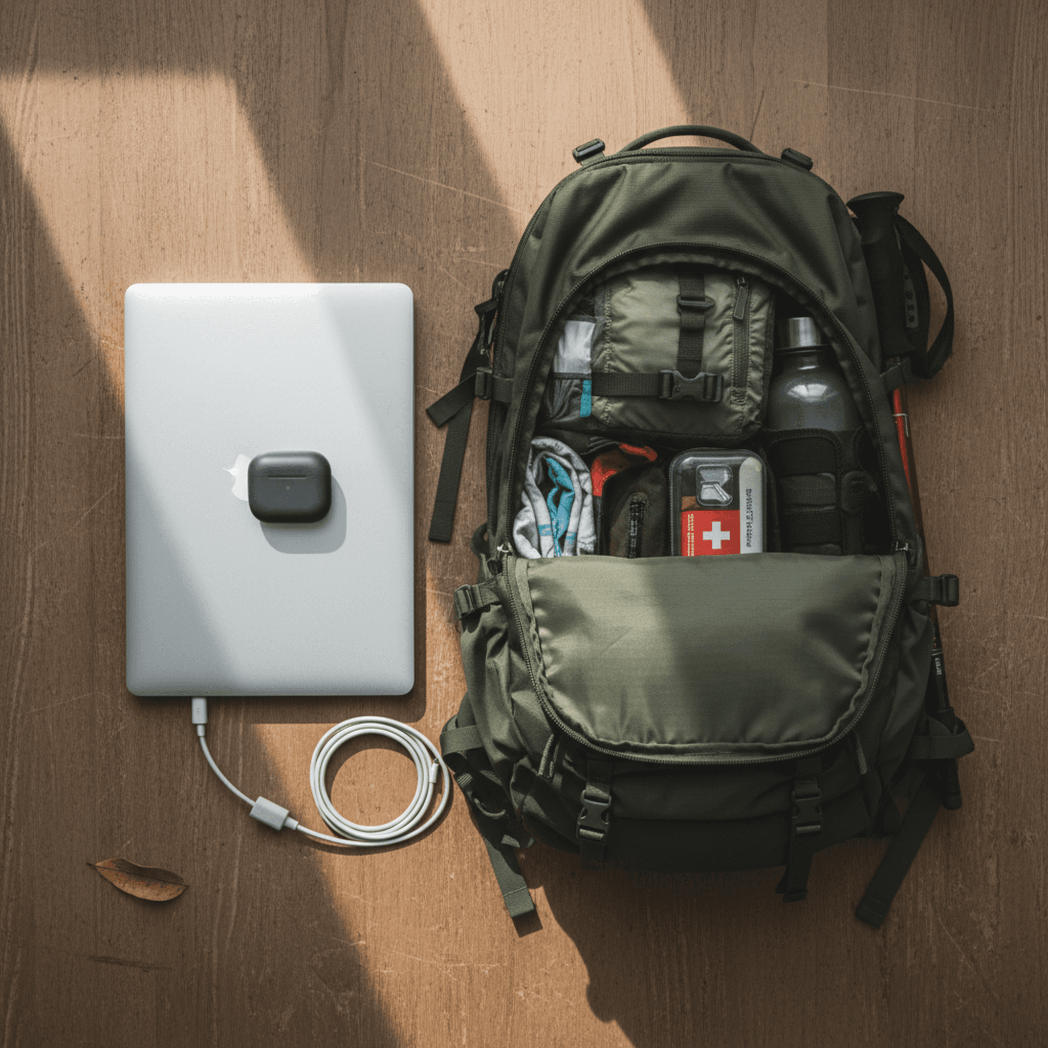 Closed MacBook Pro with AirPods Pro case on top, open hiking backpack beside it