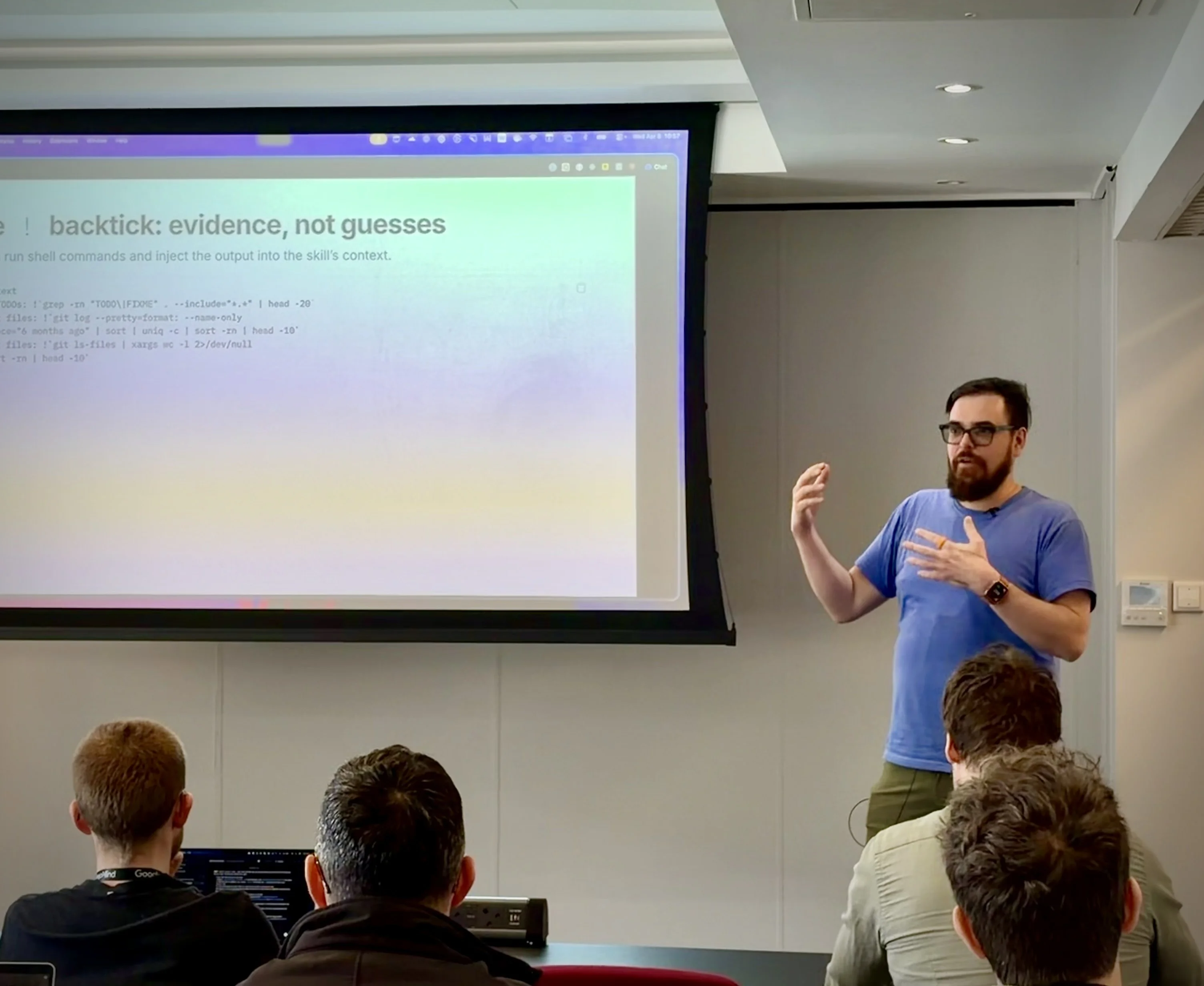 Zack teaching backtick evidence patterns at the Skills at Scale workshop