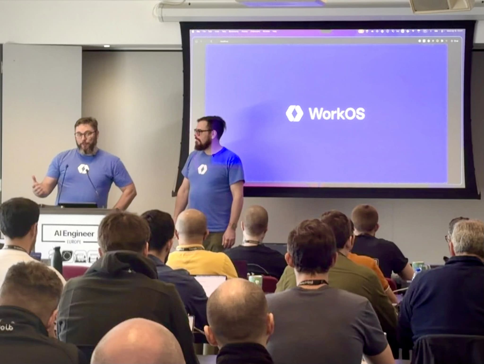 Packed workshop room at AI Engineering London with WorkOS branding