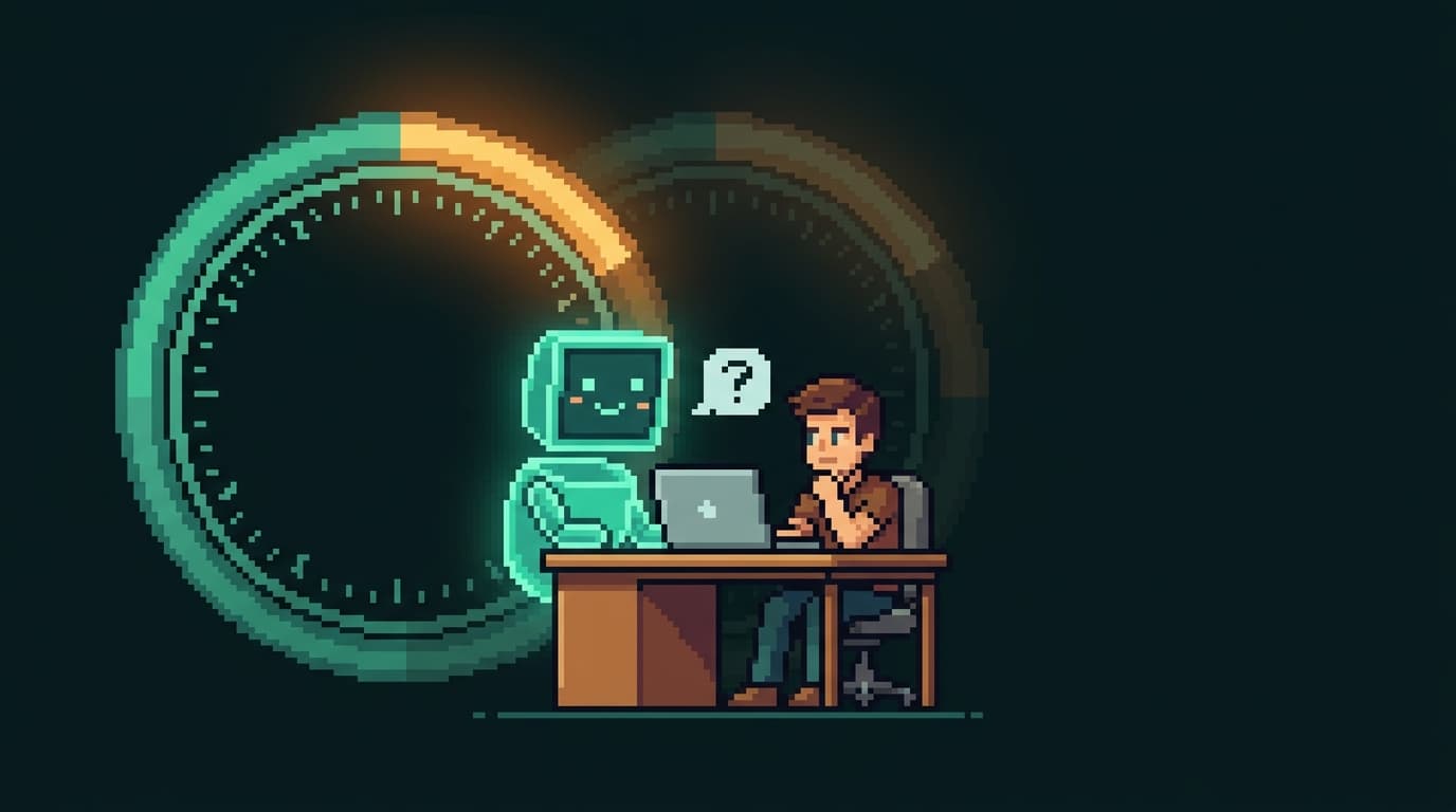 Pixel art of the workshop coach interviewing a developer, with an AI-Native score gauge rising from before to after