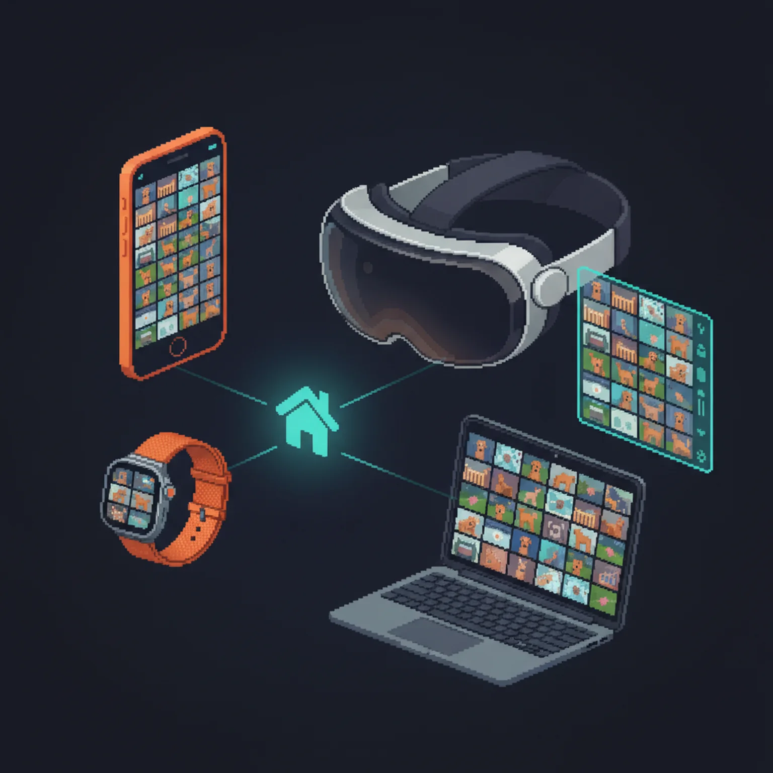 Pixel art on a dark background: an orange iPhone, an orange Apple Watch Ultra, an Apple Vision Pro headset with a floating panel, and a slate laptop all showing the same grid of indoor and outdoor camera feeds, connected by glowing cyan lines to a single home icon