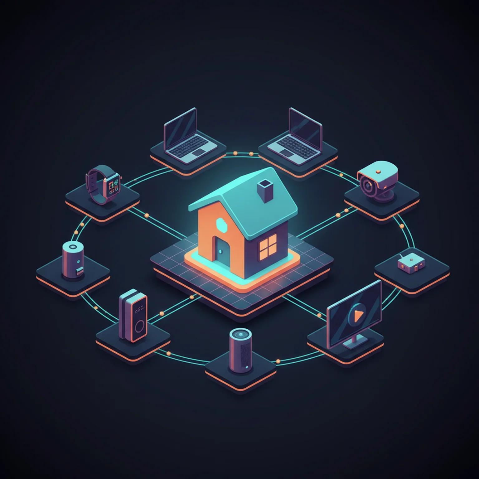 Pixel art network diagram showing Apple Watch, iPhone, MacBook, and Vision Pro all connected by glowing lines to a central Apple Home hub icon, with camera and smart plug icons branching off it