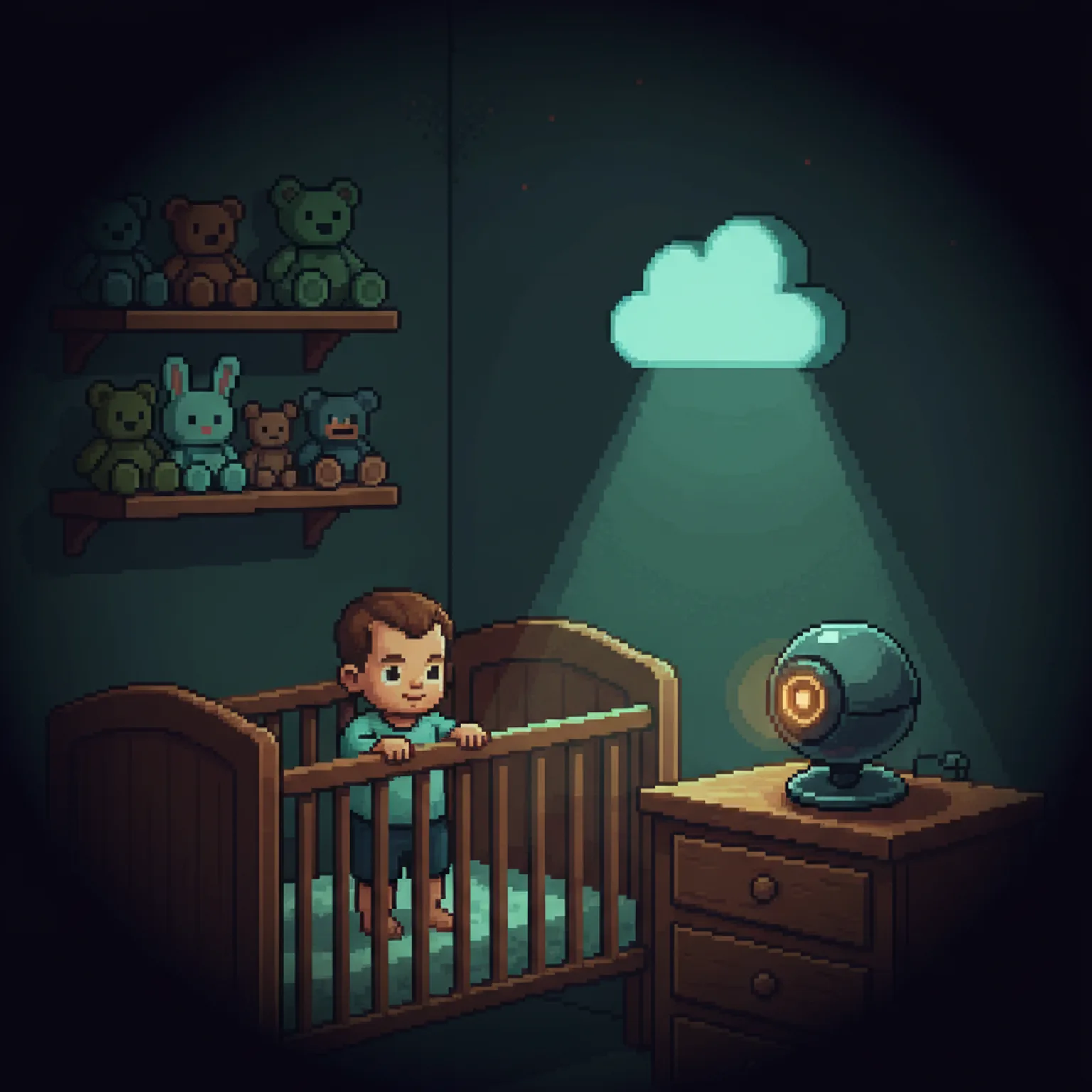 Pixel art of a dark nursery at night viewed through a camera lens with infrared green tint, showing a toddler standing in a crib, a dresser with a small glowing camera on top, and a cloud-shaped nightlight on the wall