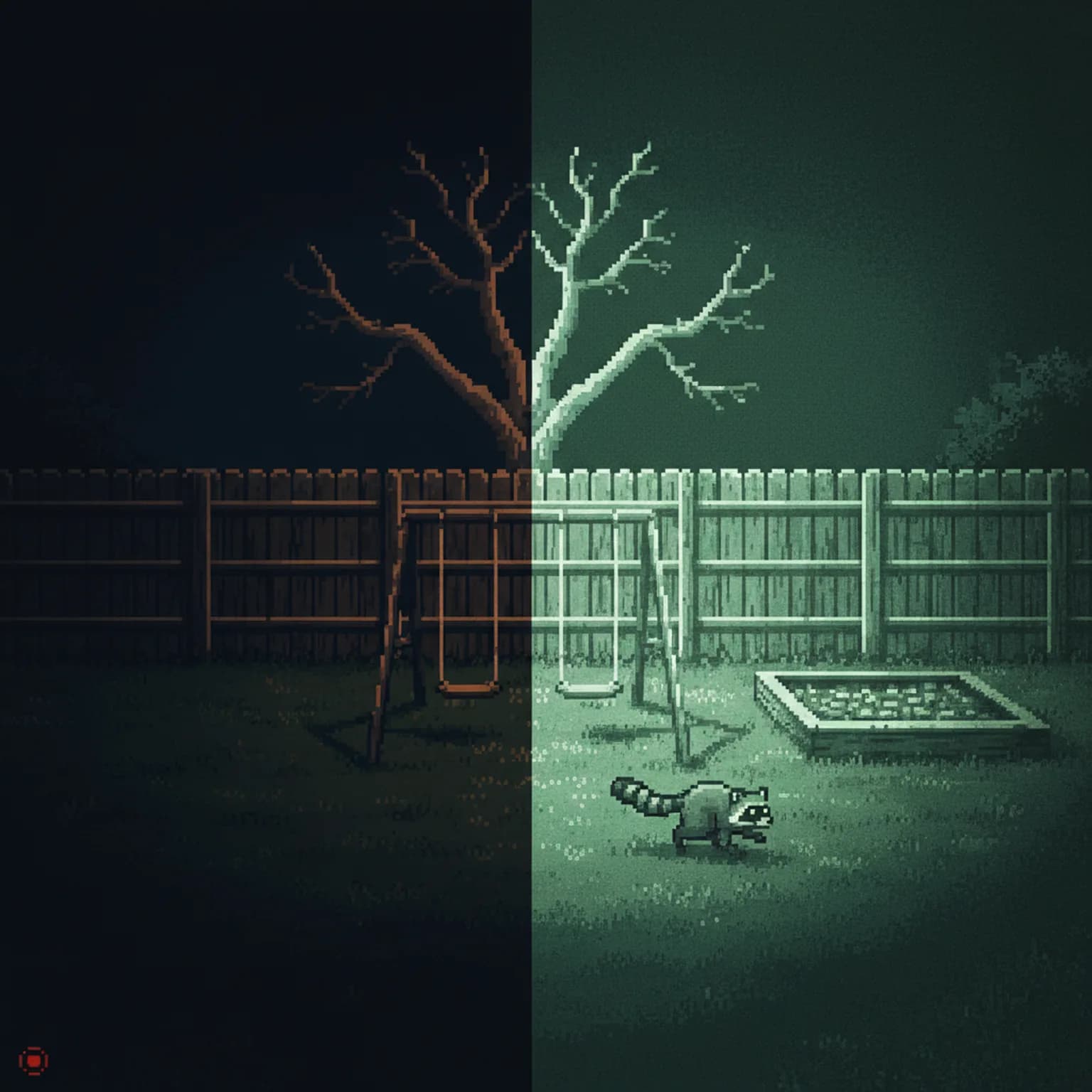 Pixel art split view: left side shows a dark backyard at night with a fence and tree, right side shows the same scene in bright green-white security-camera night vision with a swing set, sandbox, and a raccoon crossing the lawn