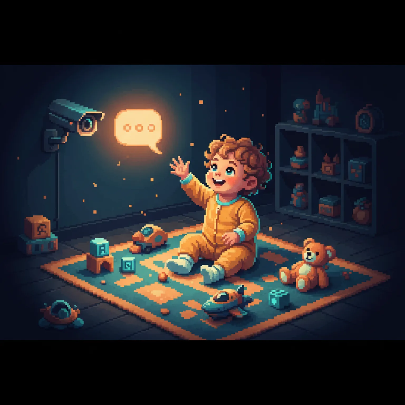Pixel art of a toddler in a sunlit playroom looking up and smiling toward a small wall-mounted camera, with a soft speech-bubble glow coming from the camera indicating a parent's voice