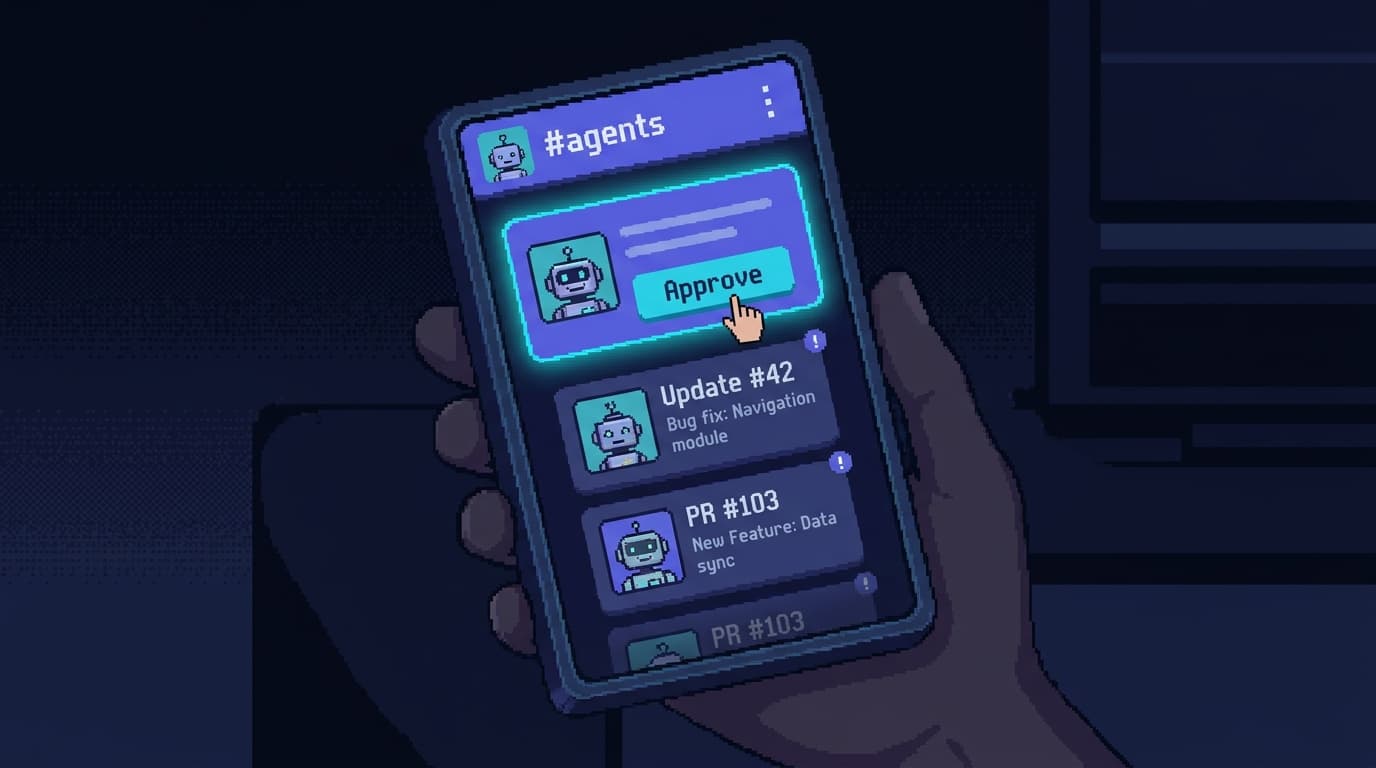 Pixel art of a single phone screen showing a Slack channel called 'agents'; several small robot avatars have posted updates and pull-request cards, and a human thumb hovers over one approve button, while the other messages sit quietly in the thread