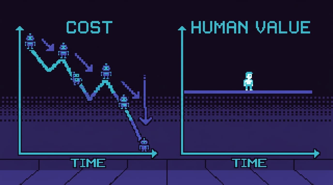 Pixel art of two line graphs side by side: on the left a line marked with tiny robot icons plunges steeply downward toward the floor; on the right a single flat horizontal line with one small human figure standing on it, unchanged