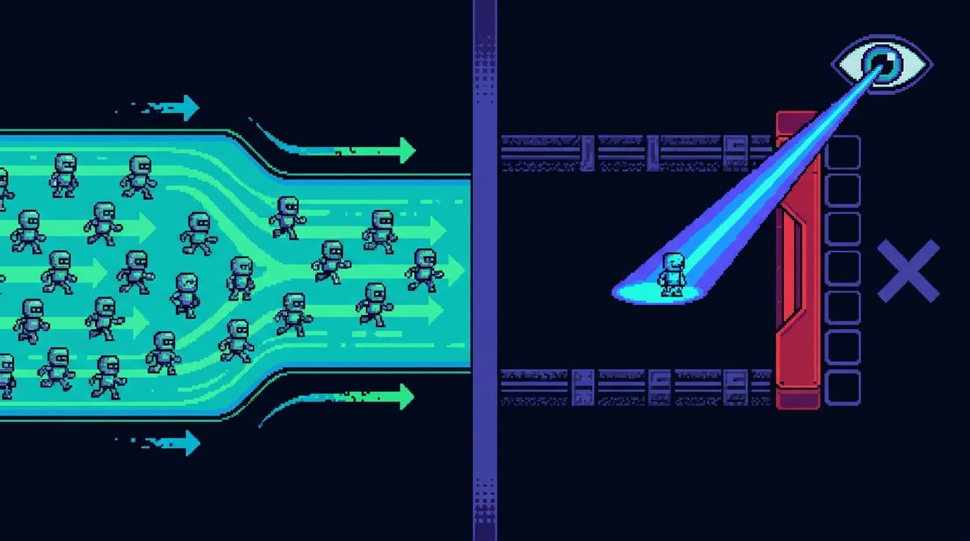 Pixel art split scene: on the left, a green channel where dozens of small robots stream through freely, labeled 'reversible + inbound: zero attention'; on the right, a single narrow red gate where one robot waits and a human eye-beam lands on it, labeled 'outbound or irreversible: spends the budget'