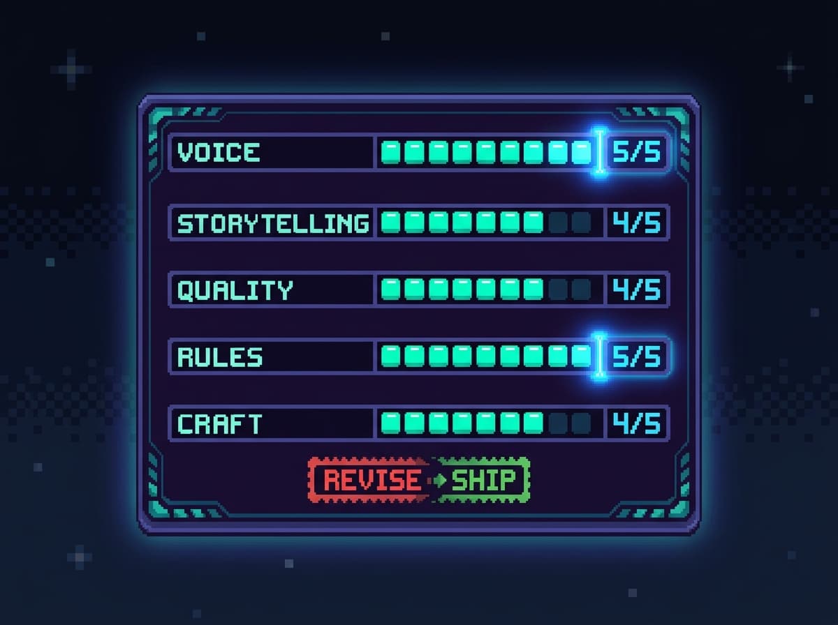 Pixel art of a floating rubric scorecard with five gauge rows for voice, storytelling, quality, rules, and north stars, the voice row requiring a perfect 5, and a stamp at the bottom flipping from red REVISE to green SHIP