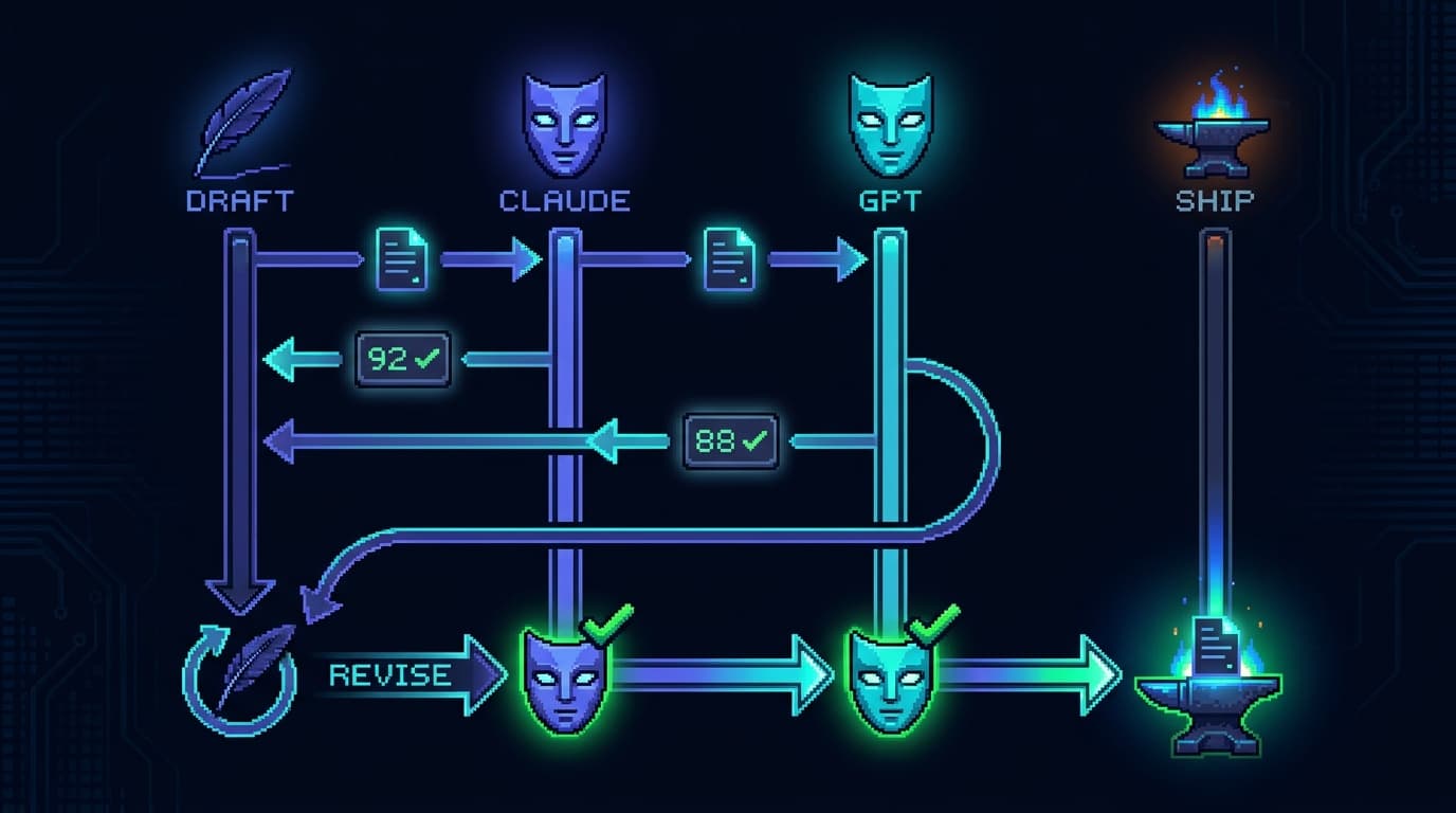 Pixel art sequence diagram: a quill (draft) passes a document to an indigo mask (Claude) and a cyan mask (GPT), each returns a numbered scorecard, a revise arrow loops back to the quill, and a final arrow reaches a forge anvil (ship) only when both masks glow green