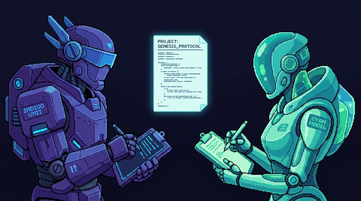 Pixel art of two robot critics in different palettes, one indigo and one cyan-teal, each writing independent notes on its own clipboard about the same manuscript page, not looking at each other's work