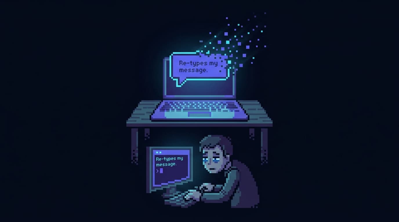 Pixel art: a glowing chat message dissolving into scattered pixels above an open laptop, while a tired person re-types the same work into a separate window