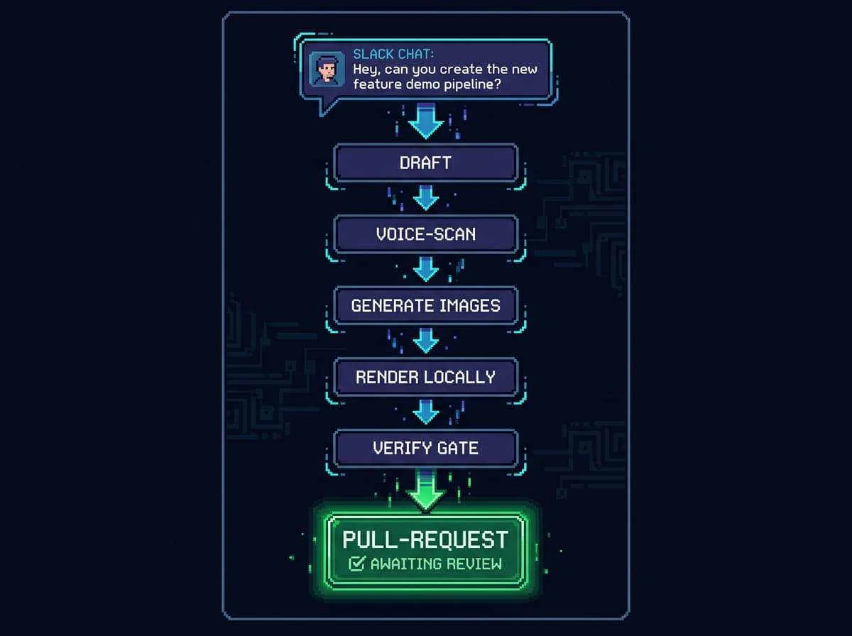 Pixel art diagram: a Slack message at the top flows down through labeled boxes for draft, voice-scan, generate images, render locally, and verify gate, into a green pull-request card at the bottom labeled awaiting review