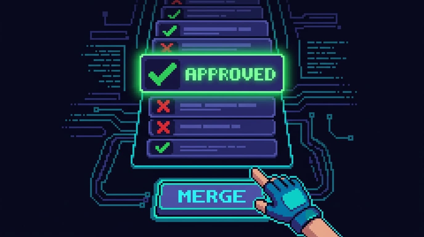 Pixel art: a review queue of stacked PR cards, each with a checkmark or an X, a human hand hovering over a merge button, one card glowing green and approved
