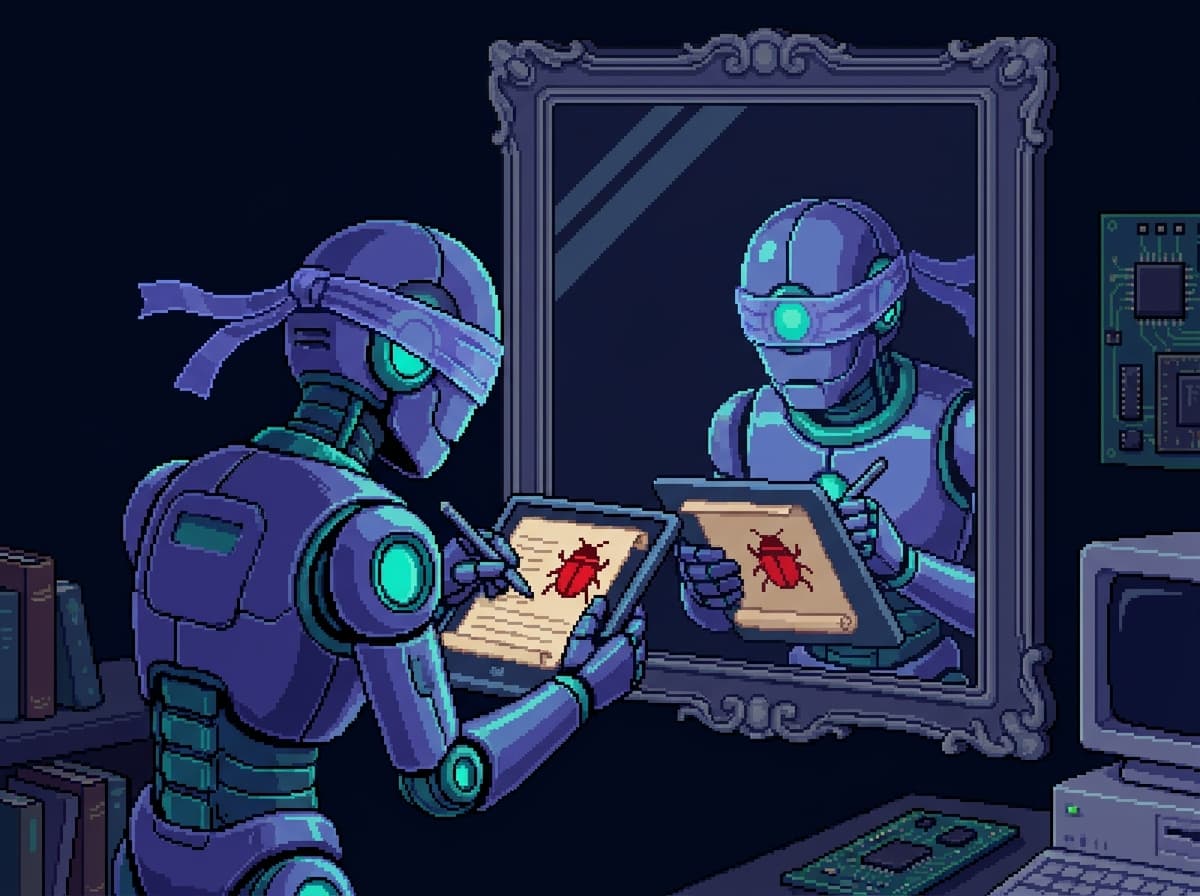 Pixel art of a robot proofreading its own reflection in a mirror, both robot and reflection wearing a blindfold band over the same eye, neither able to see a glaring red bug icon on the page