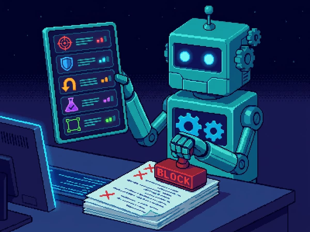 Pixel art of a cyan reviewer robot holding a five-row checklist (correctness, security, reversibility, tests, scope) and stamping a red BLOCK onto a diff on the desk