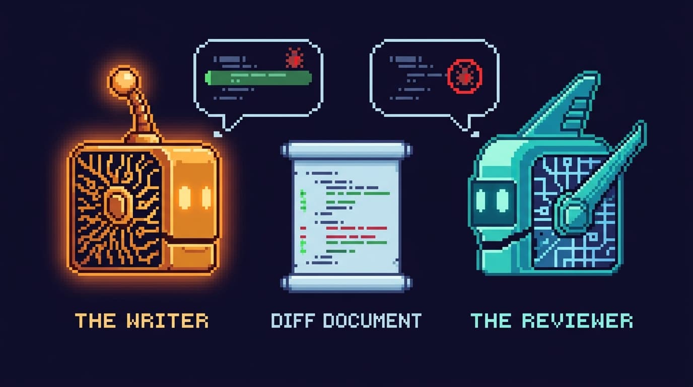 Pixel art of two robot heads from different AI labs side by side, an amber writer and a cyan reviewer with different circuitry, sharing one diff document; the amber one misses a red bug that the cyan one circles, showing two model families failing differently