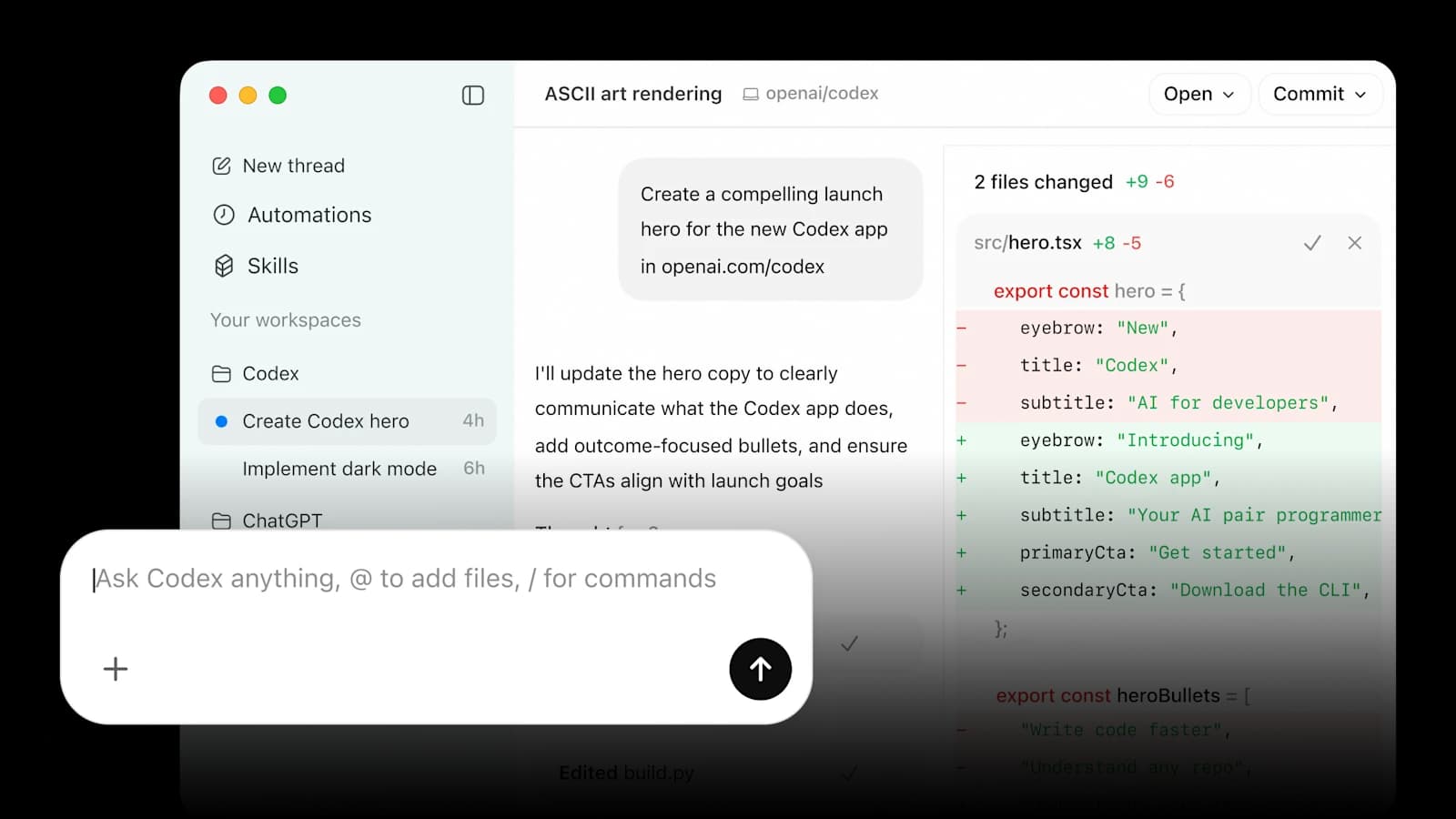 Codex workspace showing chat interface, code diff, and task sidebar