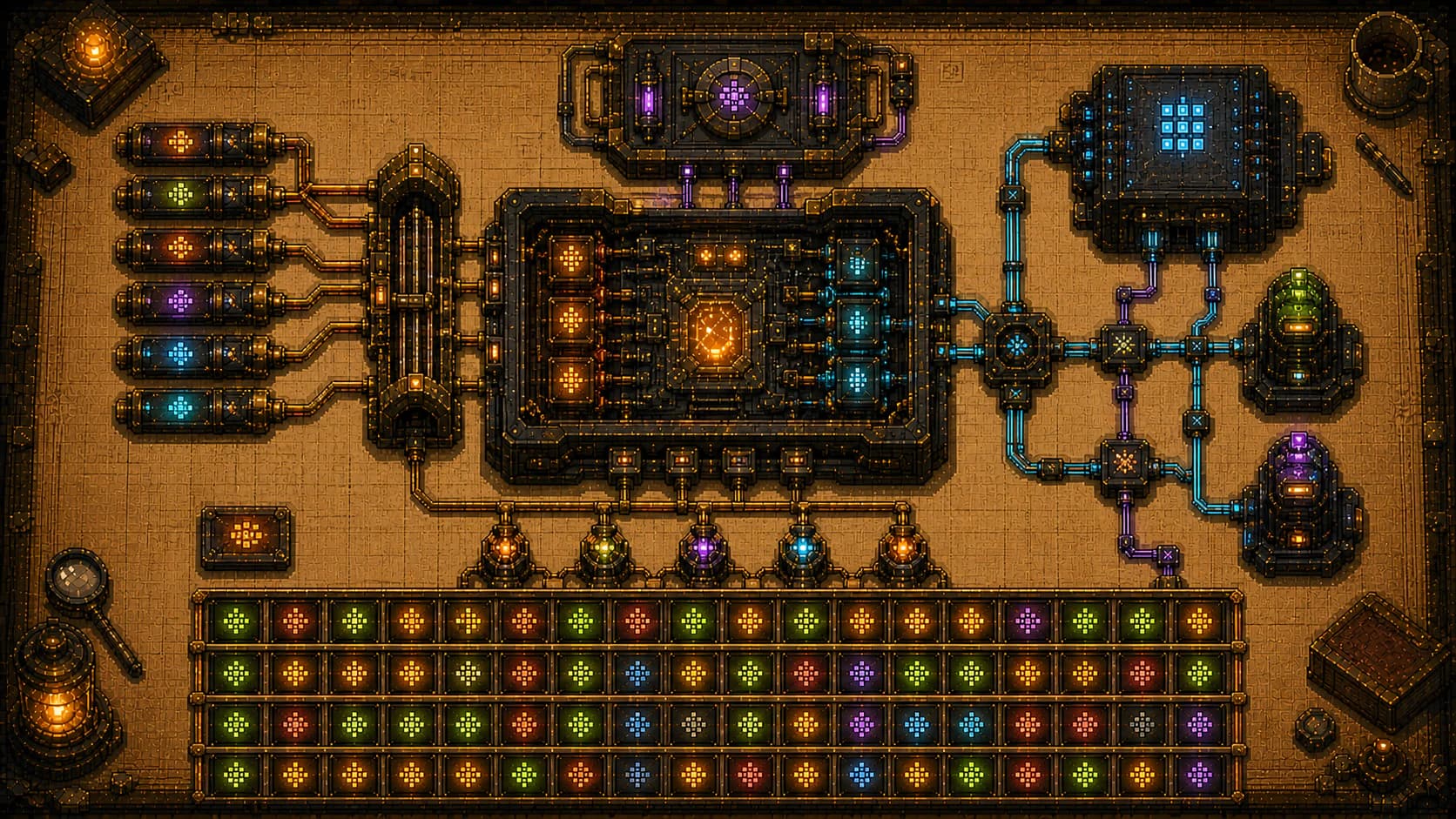 High-resolution pixel art of an open coding-agent evaluation workbench with isolated fixture cartridges, a sealed grader, local and hosted model routes, freeze-lock pins, and a 60-cell result bank