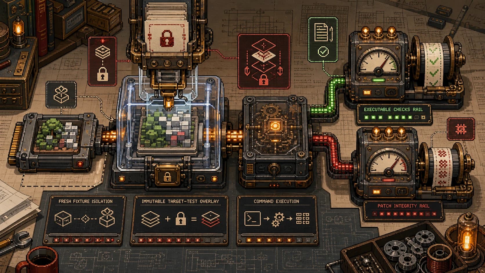 High-resolution pixel art of a hidden-test grading chamber on a parchment engineering table, with an isolated worktree cartridge, sealed target-test overlay, command executor, and separate executable-check and patch-integrity rails