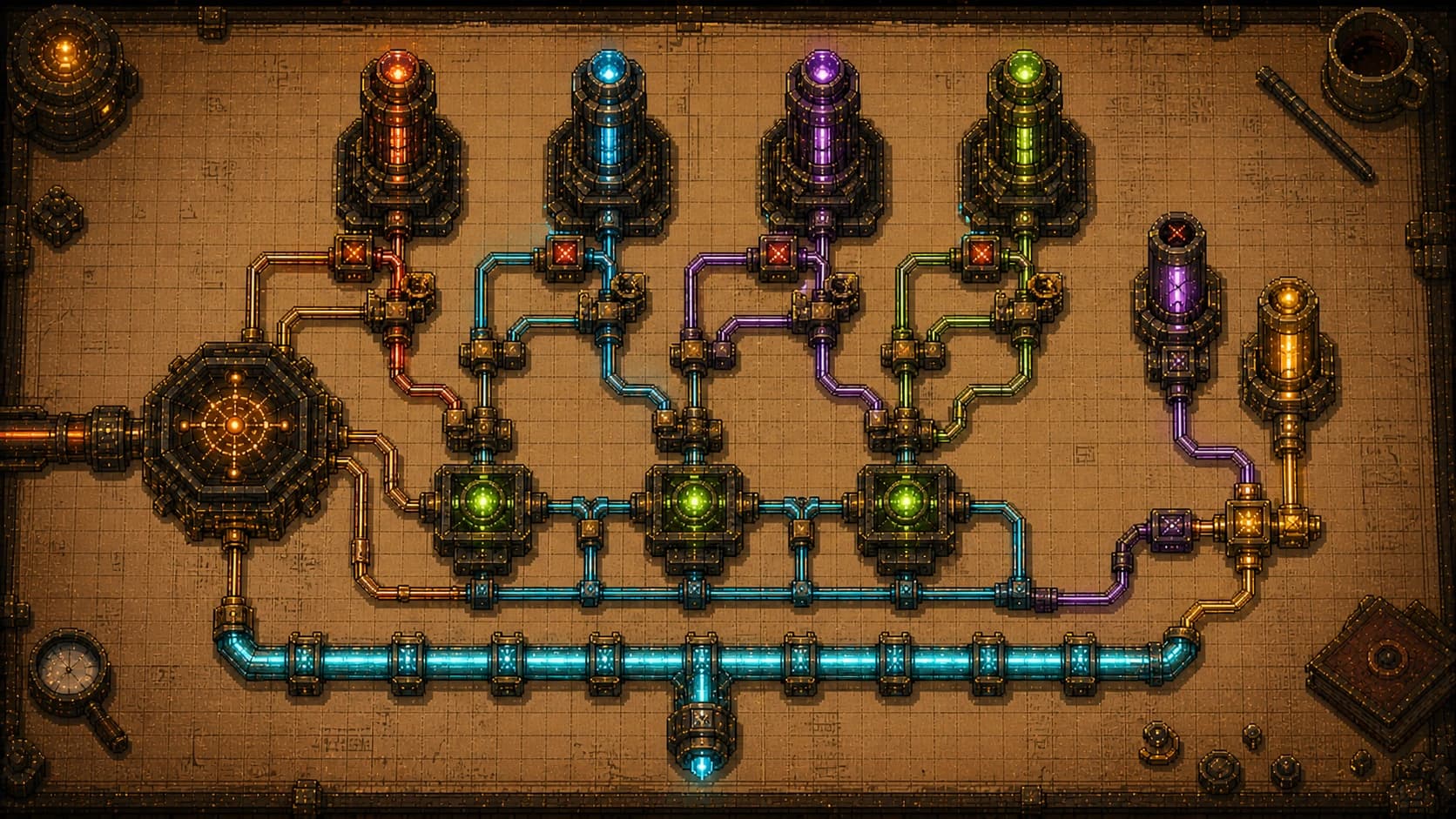High-resolution pixel art of a mechanical provider failover switchboard on a parchment engineering table, with four upstream towers, failed attempt shutters, bypass relays, a two-stage credential circuit, and successful paths joining one response rail