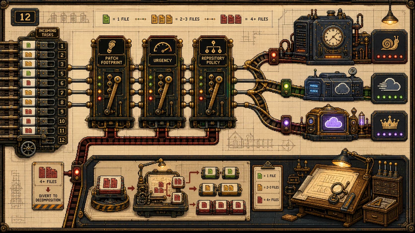 High-resolution pixel art of a mechanical workload-routing console on a parchment drafting table, with patch-footprint, urgency, and repository-policy selectors feeding local, routine cloud, premium cloud, and human-decomposition tracks