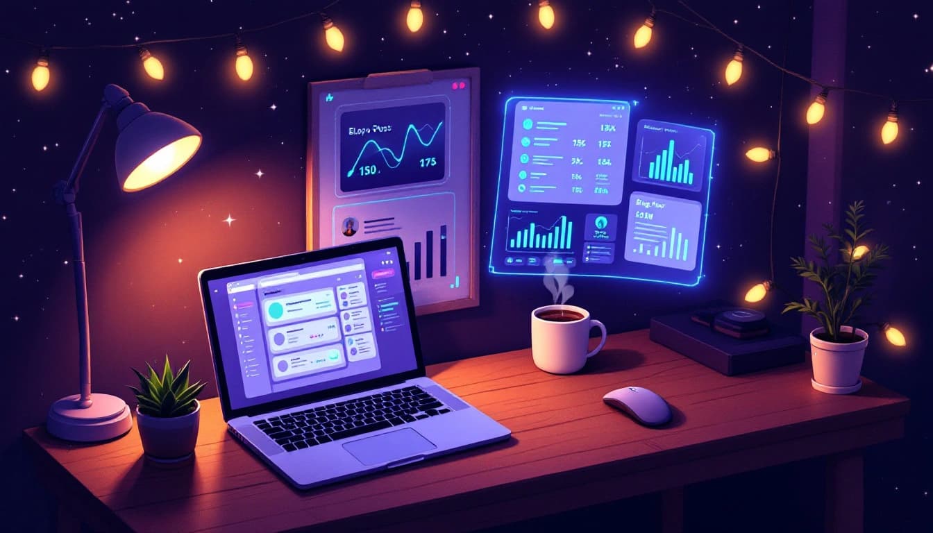 Pixel art of a Slack chat interface with an AI bot responding with a formatted data table showing blog post analytics