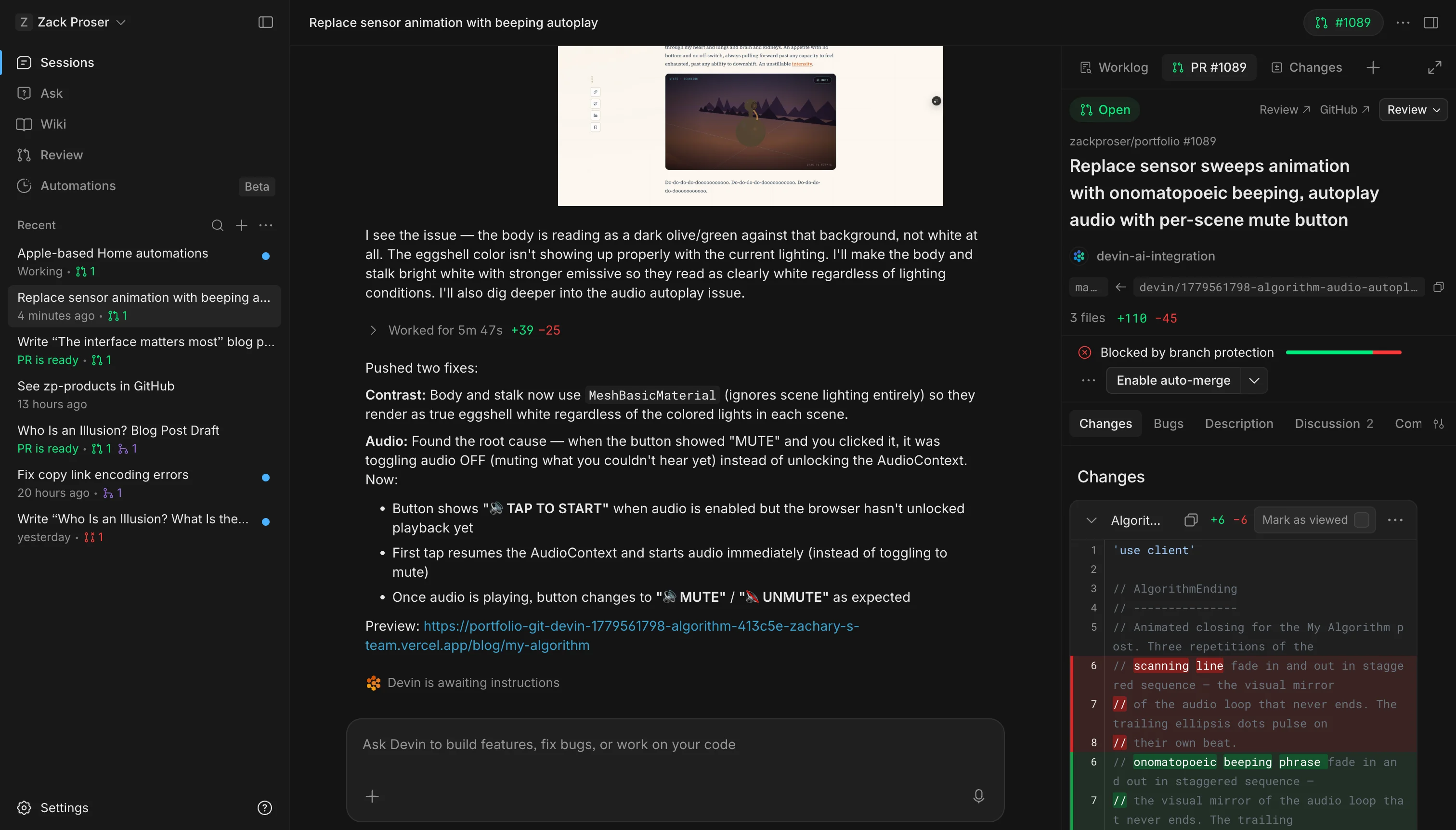 Devin session showing a PR that replaces sensor animation with onomatopoeic beeping, handling three.js component changes and audio autoplay logic