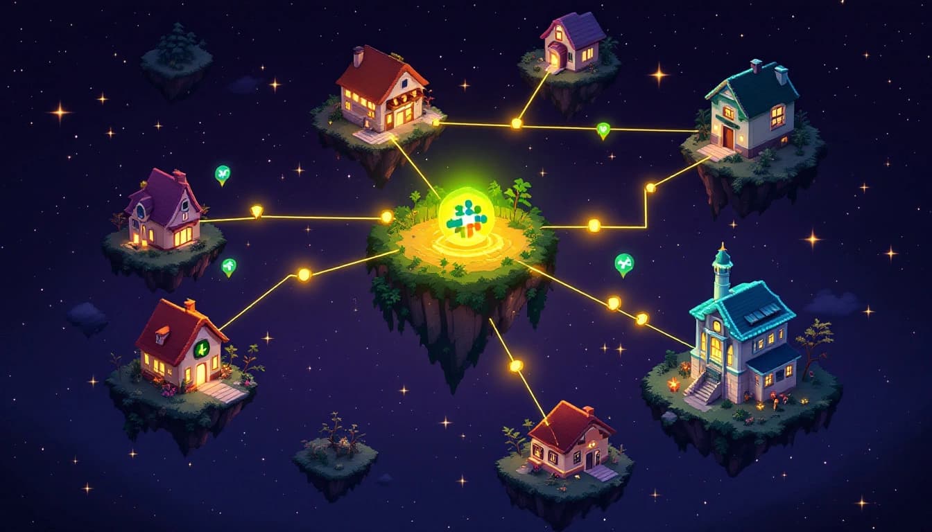 Pixel art of a developer at the center of a constellation of connected GitHub repos, Slack channels, and CI pipelines linked by glowing golden lines