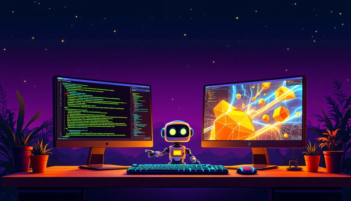 Pixel art of a split screen showing a GitHub PR on the left and a 3D wireframe animation on the right, with an AI bot bridging both