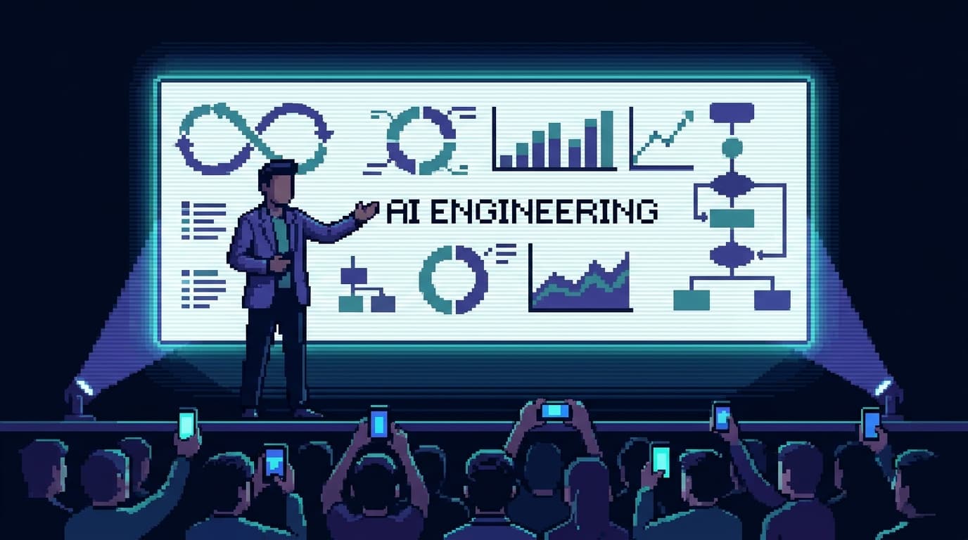 Pixel art of a confident speaker on a conference stage gesturing to a giant screen of animated diagrams, charts, and looping graphs, the audience holding up phones to record