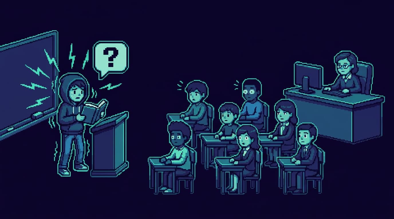 Pixel art of a tense classroom from the side: one student standing at the front visibly trembling during a presentation while seated classmates and a teacher watch