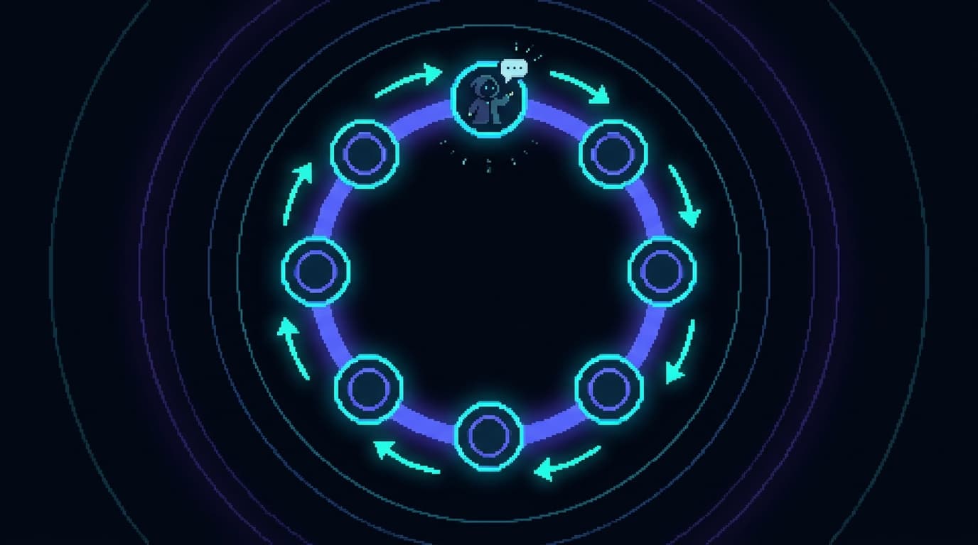 Pixel art of a glowing circular loop diagram: a small figure giving a talk inside one node of a repeating ring of identical nodes, arrows flowing around the circle