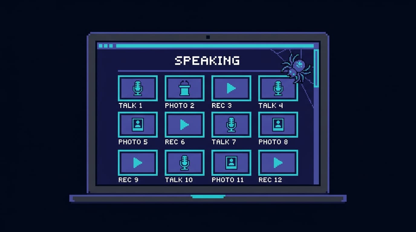 Pixel art of a laptop screen showing a personal website Speaking page with a grid of talk thumbnails and recordings, a small search engine spider icon crawling the page