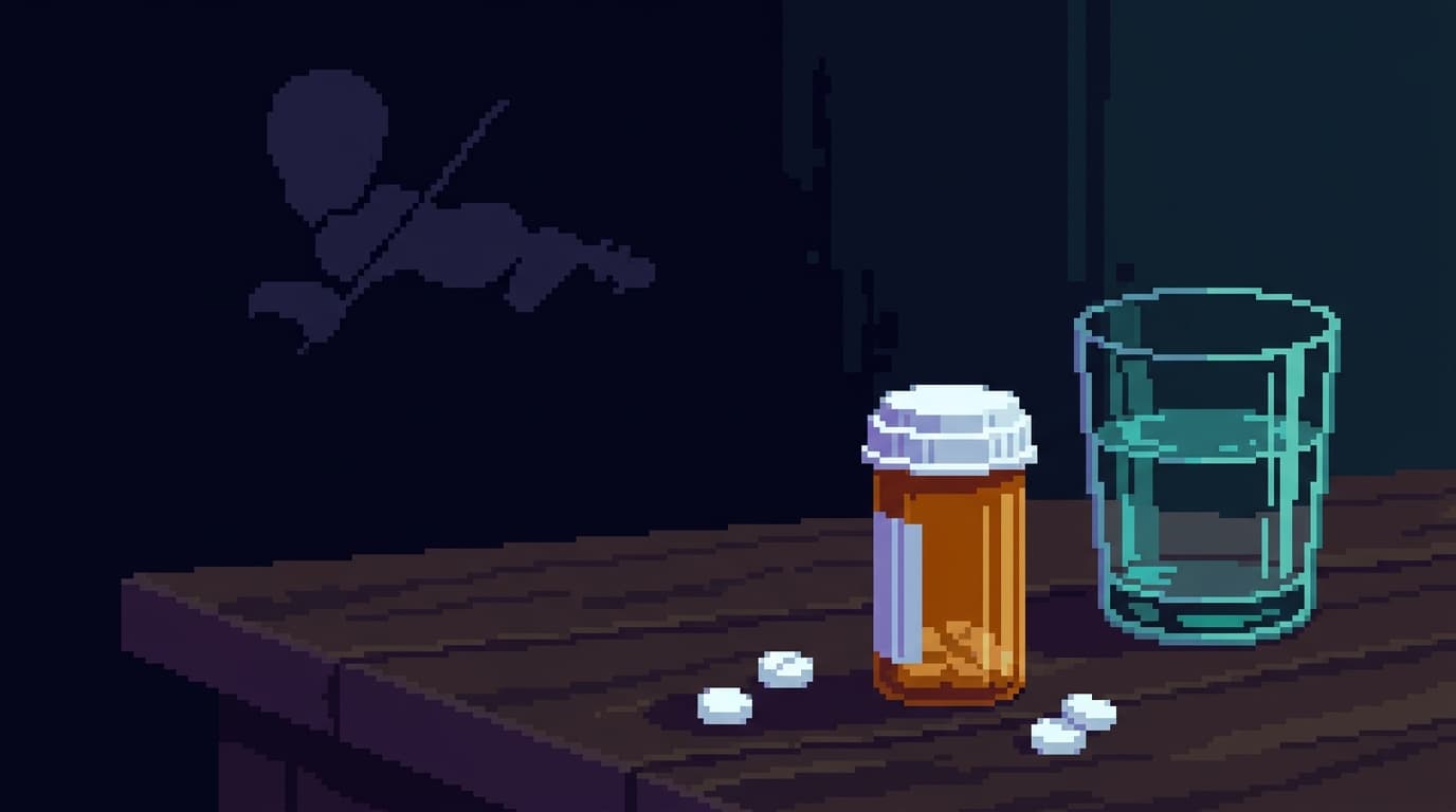 Pixel art still life of a small orange prescription pill bottle and a few white tablets beside a glass of water, a faint silhouette of a concert violinist steadying their bow hand in the background