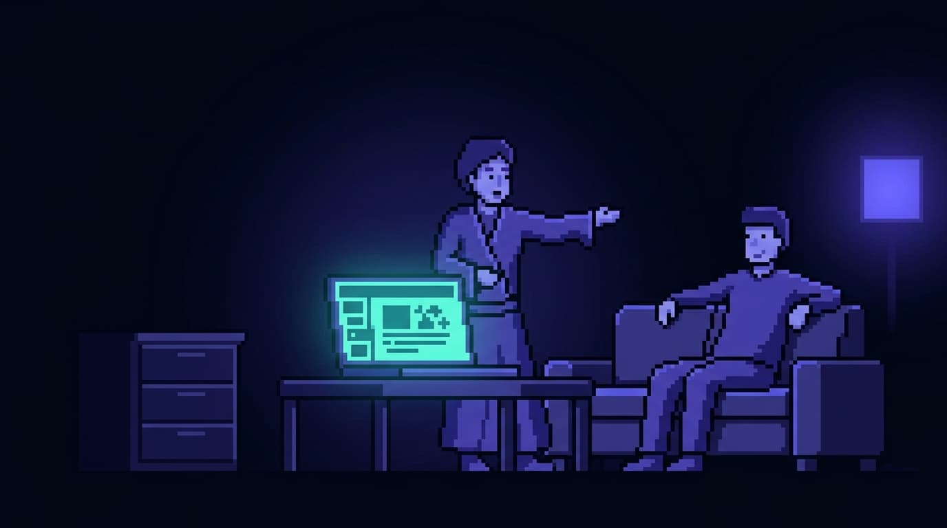 Pixel art of a person rehearsing a talk alone in a quiet room, gesturing to an imaginary audience, a slide deck glowing on a laptop, one trusted friend listening from a couch, no notes in hand