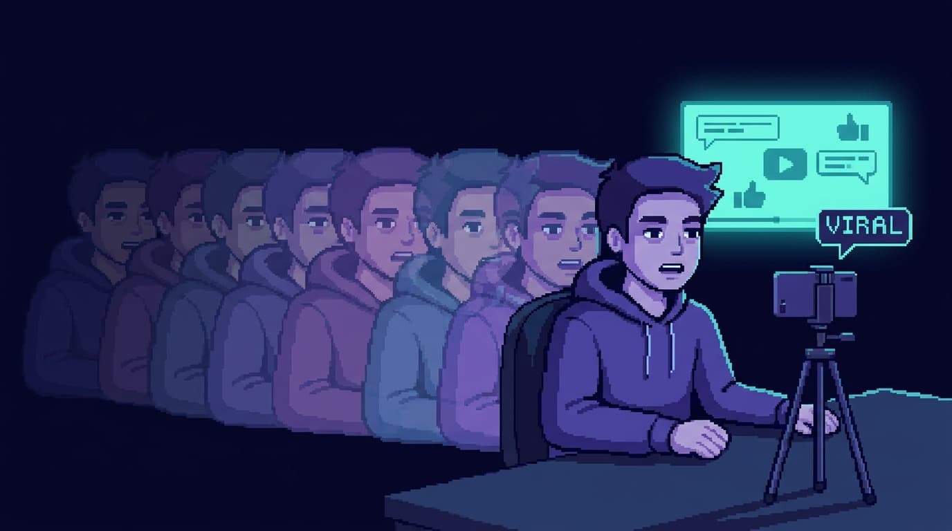Pixel art of a person at home recording themselves giving a talk to a phone on a tripod, the same figure echoed in faded repetition behind them, a distant glowing video going viral with comment bubbles