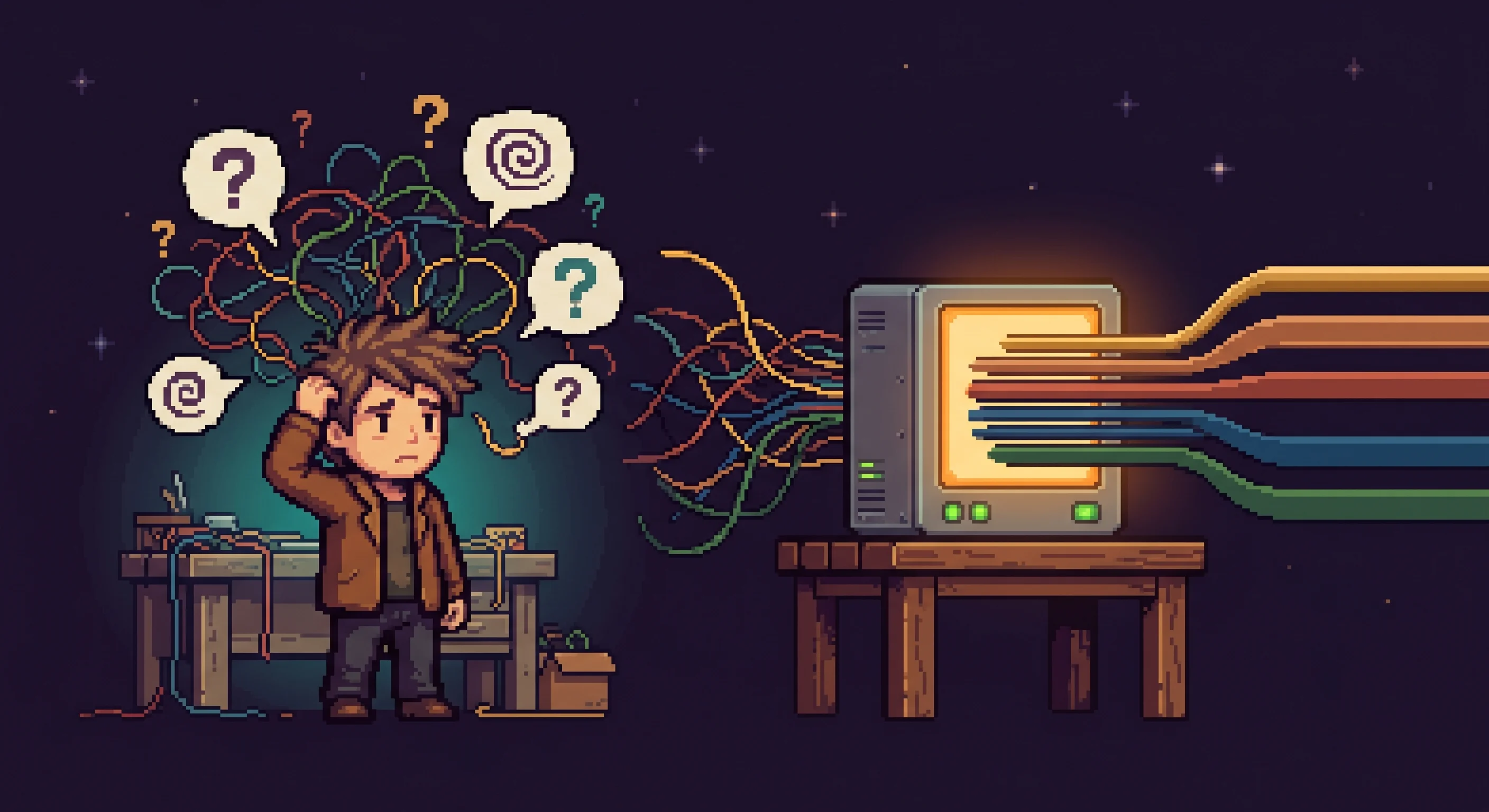 Pixel art showing chaotic tangled thought threads on the left passing through a glowing AI terminal and emerging as neatly organized parallel tracks on the right