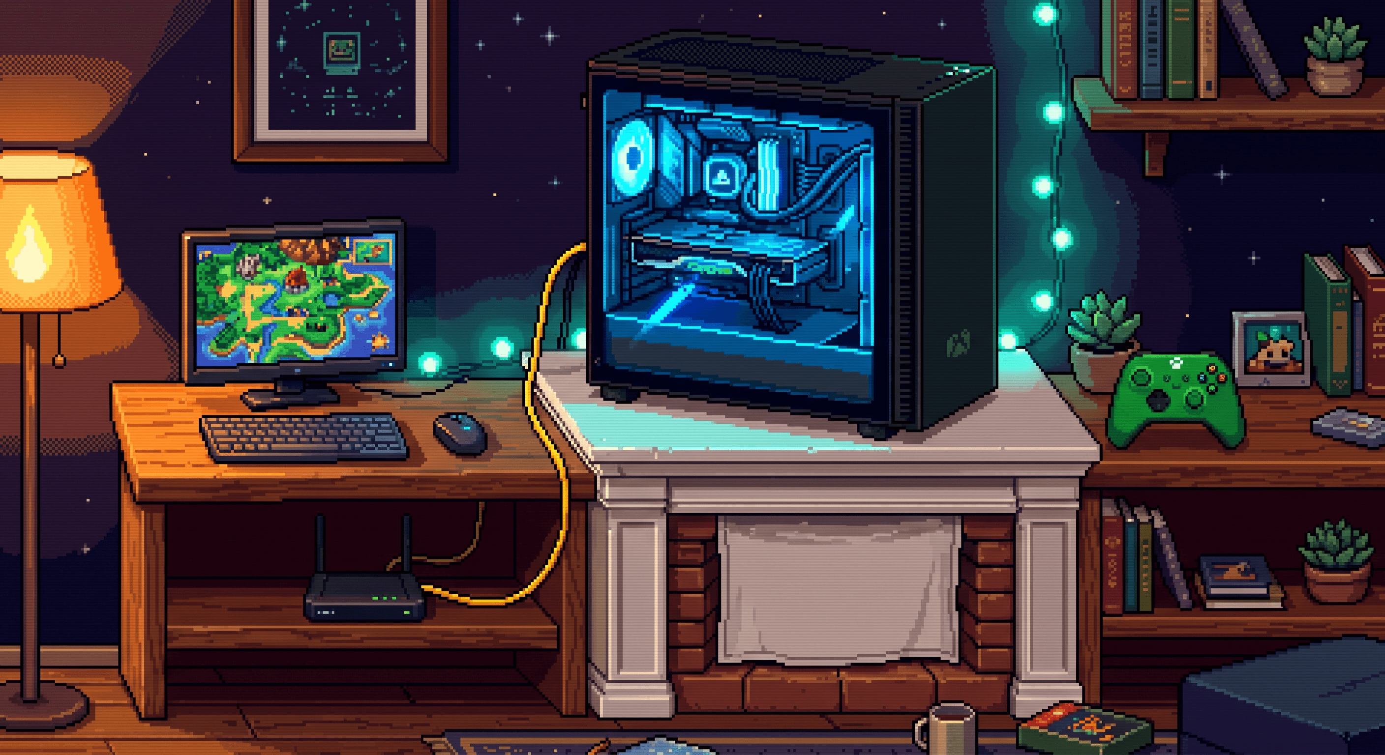 A gaming PC with blue LED lighting sits on a white mantlepiece above a fireplace, with a small monitor, wireless keyboard and mouse, and a green Xbox controller arranged on the mantle, and a router on a wooden shelf below with an ethernet cable running to the PC
