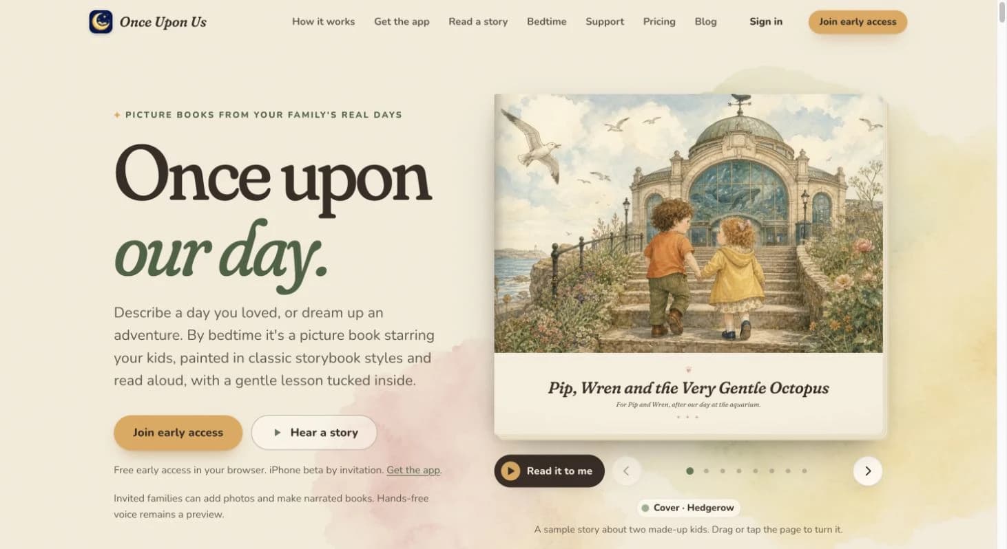 Once Upon Us homepage with its watercolor picture-book cover and early-access details