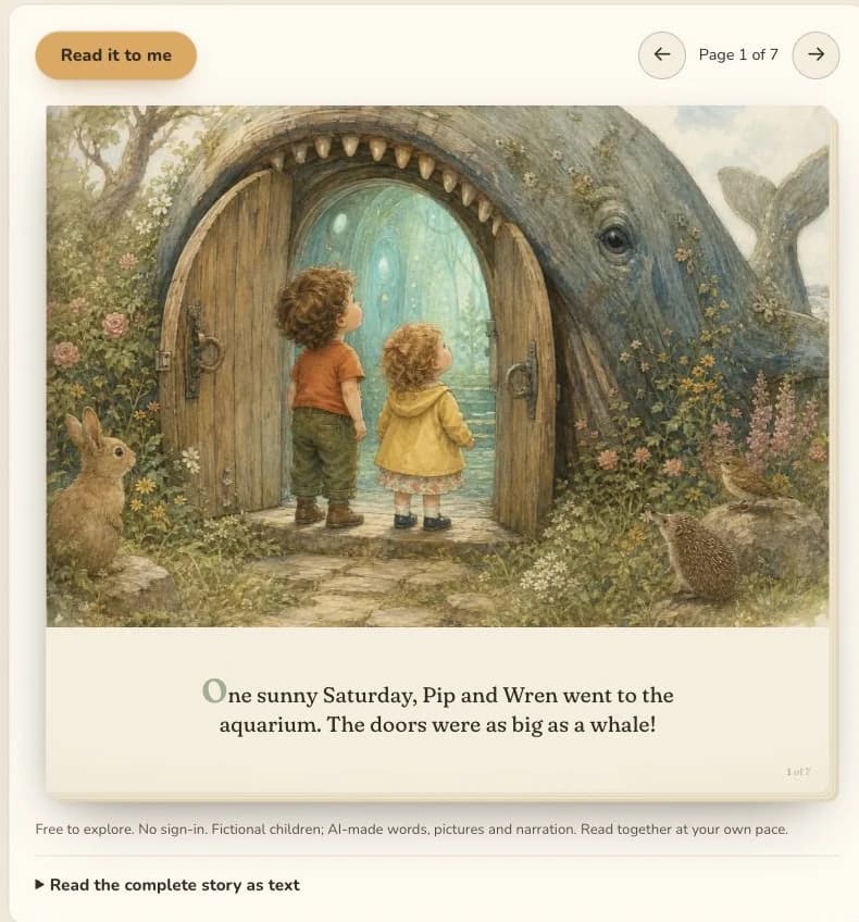 Pip and Wren at an aquarium door in the story reader, with text, page navigation, and narration controls
