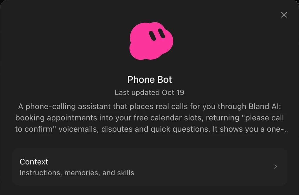 Phone Bot template panel with its pink cloud-shaped avatar and call-planning role