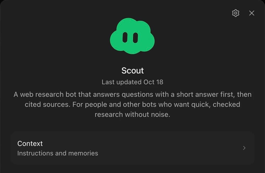 Scout template panel with its green cloud-shaped avatar and research role