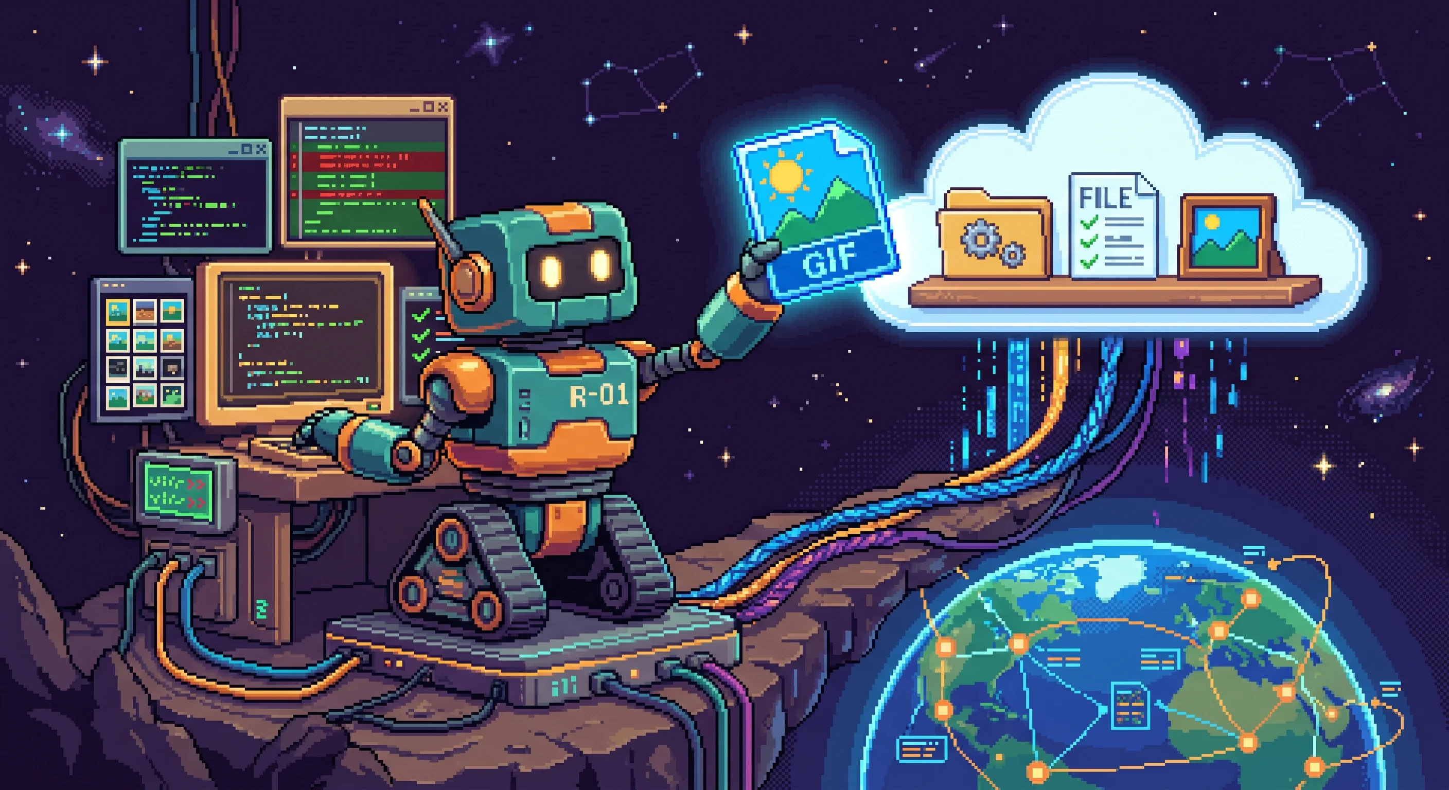 Pixel art of a retro robot lifting a glowing image file onto a cloud shelf, with data streams flowing to a globe below