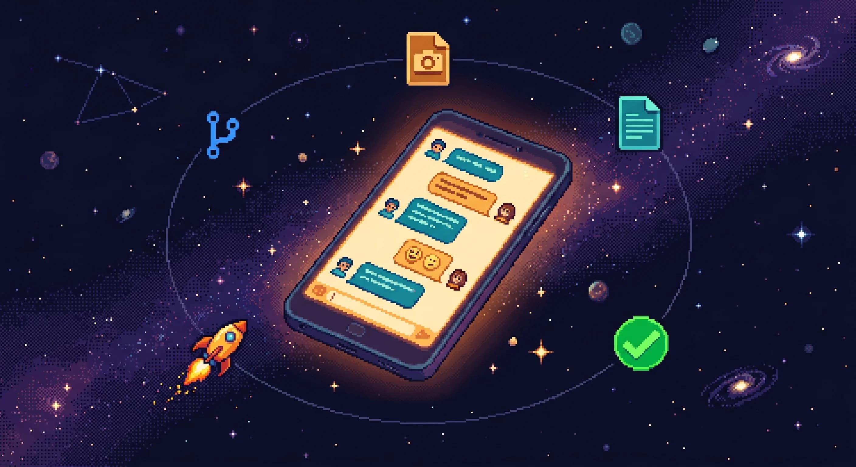 Pixel art of a glowing smartphone in space showing a chat conversation, with git branches, images, documents, and rockets orbiting around it