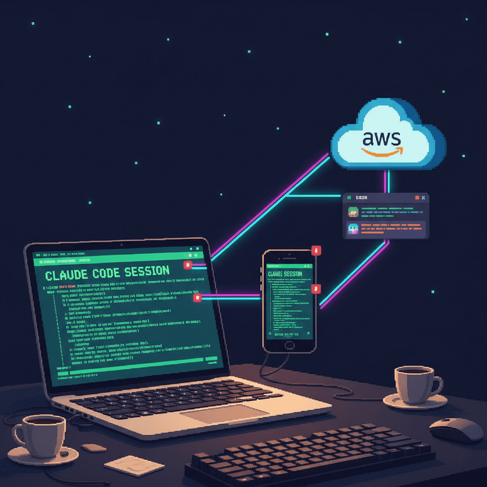 Pixel art scene showing a developer workspace at night: MacBook with Claude Code terminal, smartphone with remote session view, and AWS cloud server connected by glowing data lines